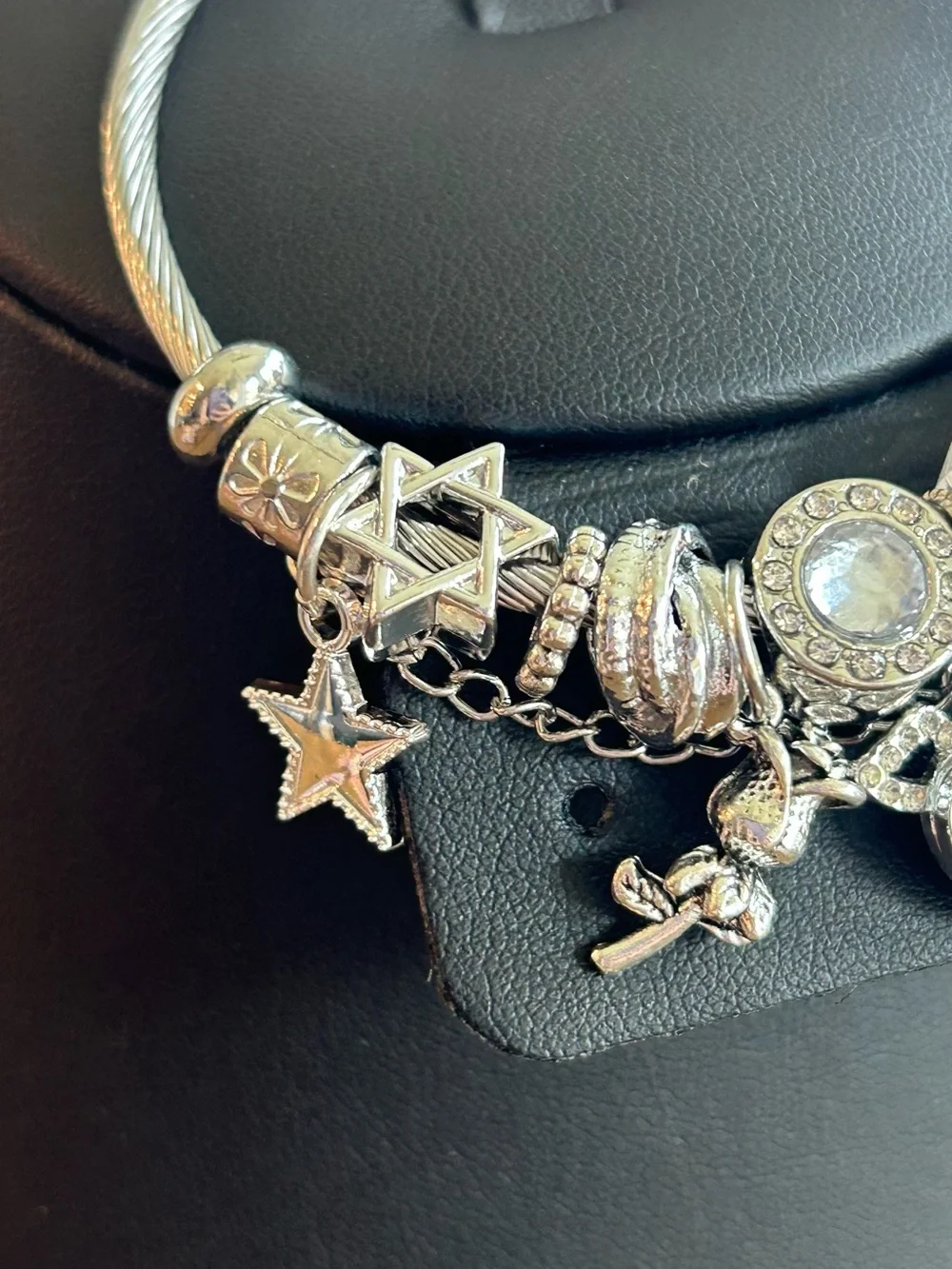 Brand New  Silver-Tone Charm Bangle Bracelet with Crystal and Heart Charms